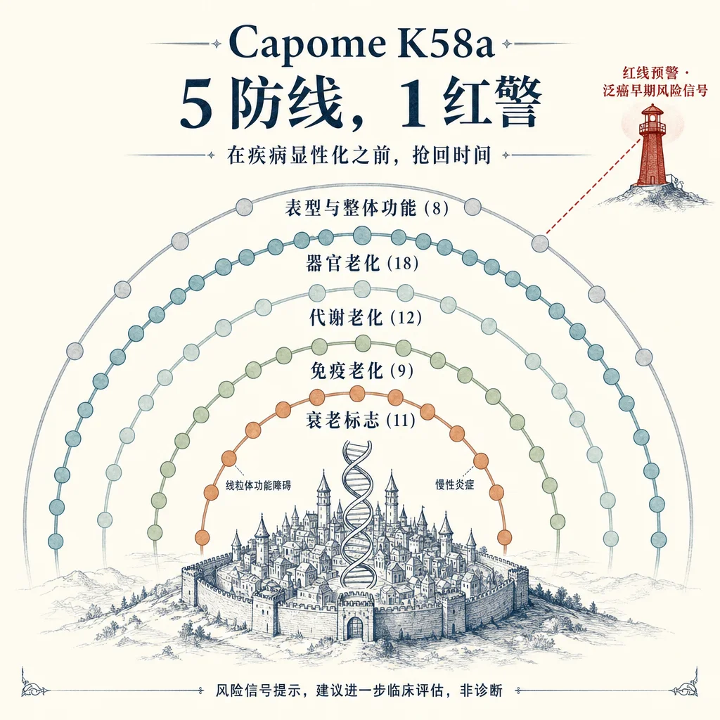 根因网络图 · 三层结构 · 五道防线 — 顶层表型→中层功能→底层根因，疾病向上传导，干预向下直达根因