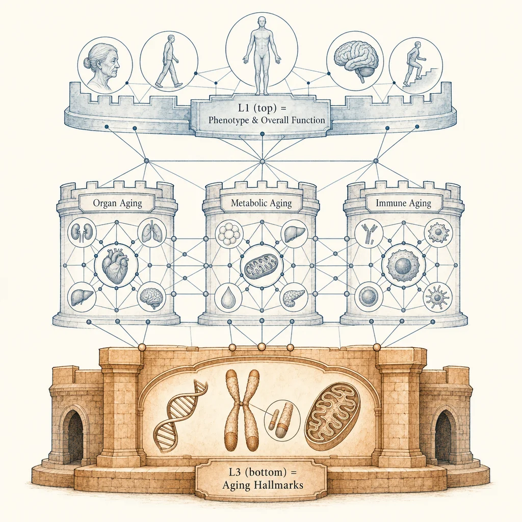 Root Cause Network · Three-Layer Structure · Five Defense Lines — Aging Hallmarks (root cause layer) → Functional layer → Phenotype layer causal propagation and active intervention pathway