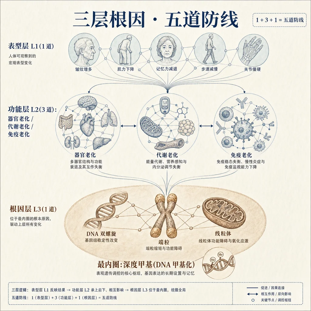 根因网络图 · 三层结构 · 五道防线 — 衰老标志（根因层）→ 功能层 → 表型层的因果传导与主动干预路径